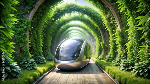 A sleek, silver, driverless pod speeds through a lush, green tunnel, flanked by vibrant flora and bioluminescent trees, Futuristic transport, driverless pod, green tunnel