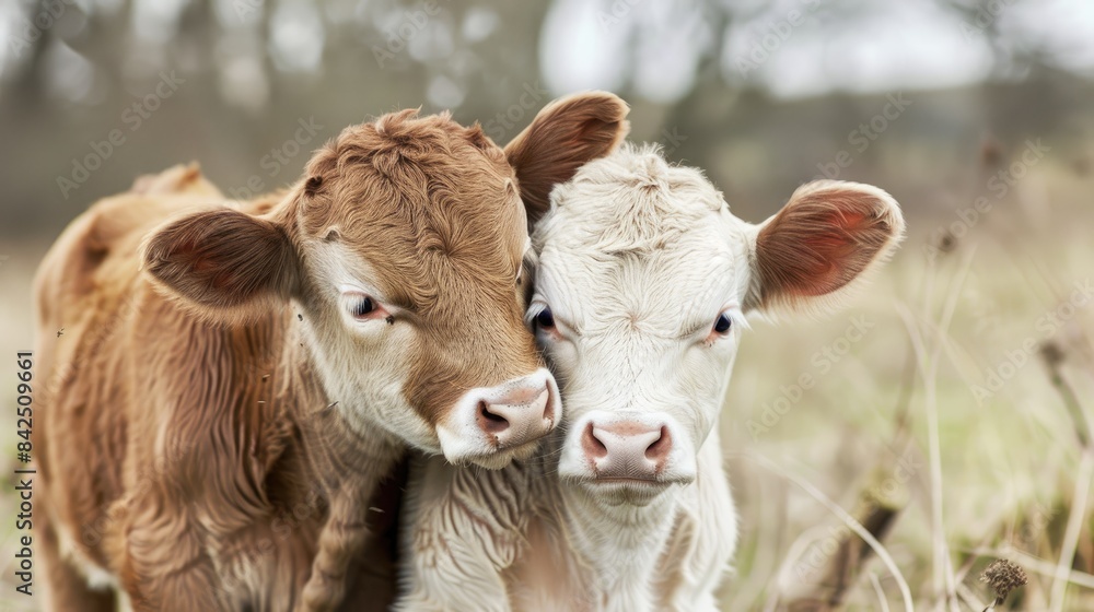 Affectionate Calves Displaying Tender Love Two Cows Posed Together in Loving Embrace Affectionate Calves Displaying Tender Love Two Cows Posed Together in Loving Embrace