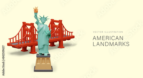 American sights, landmarks. Statue of Liberty, Golden Gate Bridge