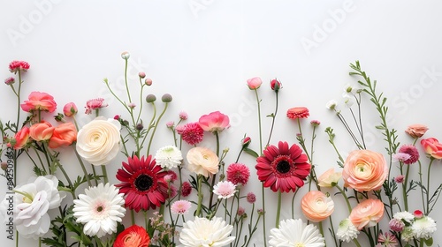 Beautiful composition of spring flowers and leaves on white background with copy space
