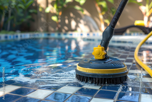 Pool cleaning robot. Pool cleaning robot scrubbing the tiles in a swimming pool. Maintenance equipment for pool cleaning.