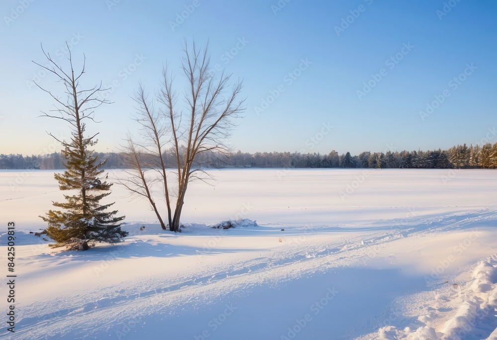 a snow covered field with trees in the distance
