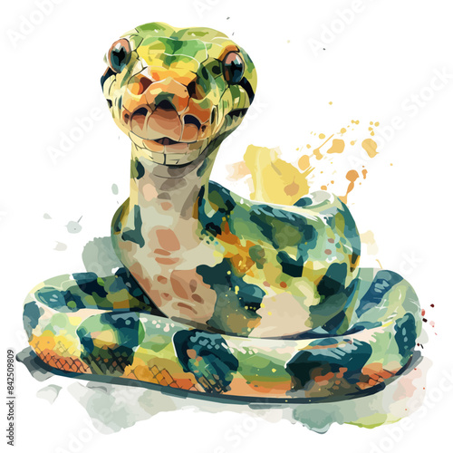 Watercolor clipart of a Snake python, isolated on a white background, Snake vector, Illustration painting, Graphic logo, drawing design art	