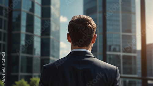 Back of young businessman in suit standing in front of modern office, business growth concept.