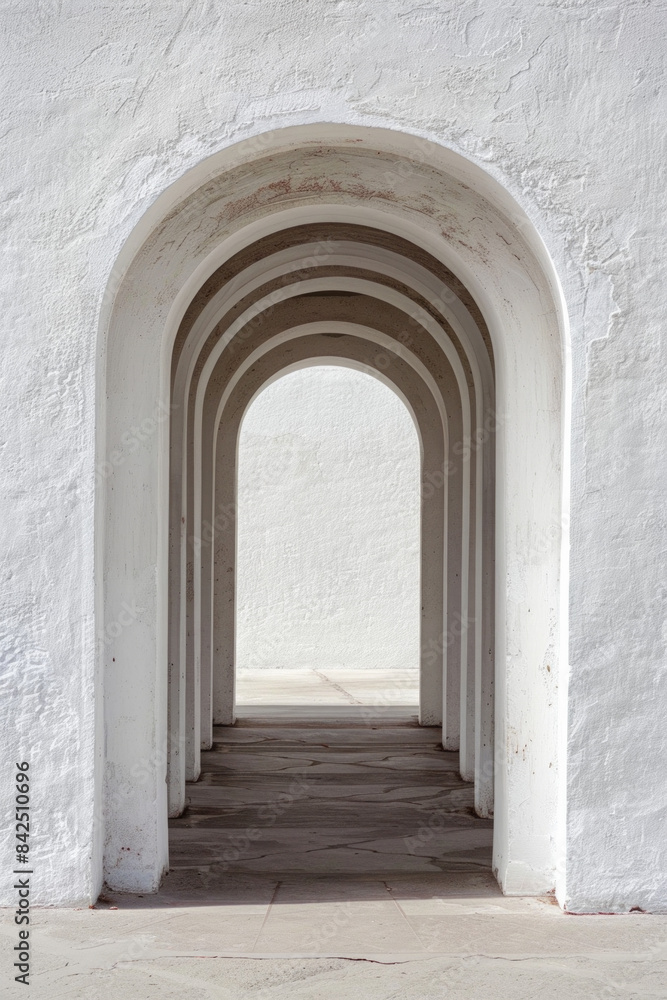 Fototapeta premium A plain door framed by a series of minimalist arches, each arch slightly larger than the one before, creating a sense of depth and perspective. The background remains solid and neutral