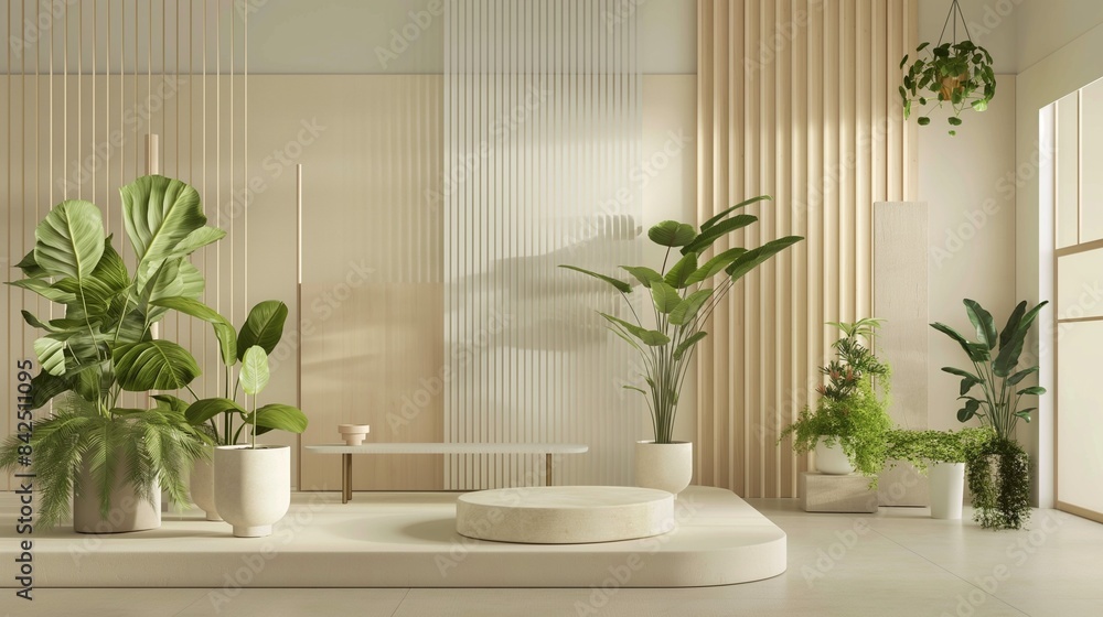 A White Podium With A Potted Plant In A Brightly Lit Room. A White Podium With A Potted Plant In A Brightly Lit Room.