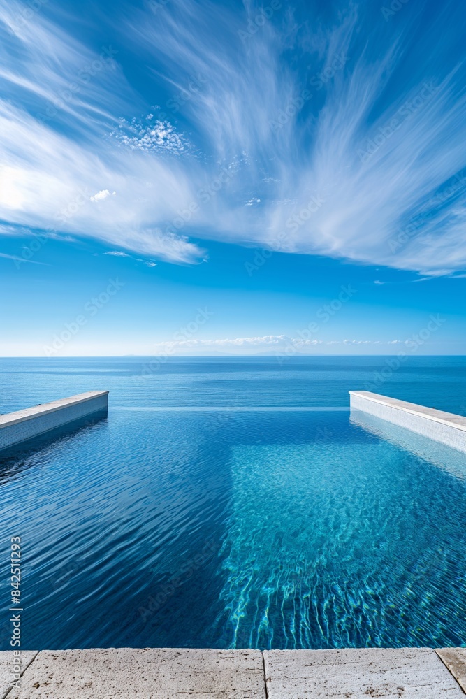 Fototapeta premium Serene infinity pool extends into the ocean under a dynamic cloud streaked sky