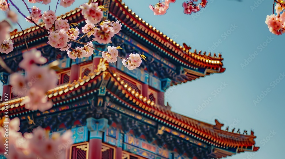 Obraz premium Traditional Asian temple with stunning flowers. Close-up shot highlighting intricate architecture against the sky. Springtime scenery showcasing delicate cherry blossoms in full bloom. AI