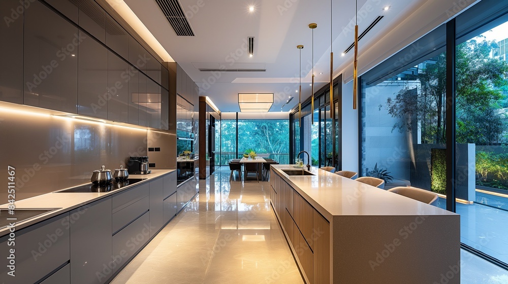 Fototapeta premium A Modern Minimalist Kitchen Room With Aesthetically Pleasing Furnishings.