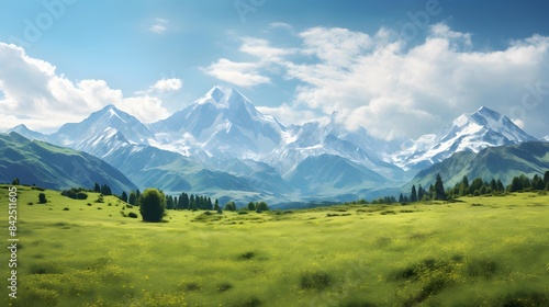 Beautiful panoramic view of the mountains and meadows. © Michelle