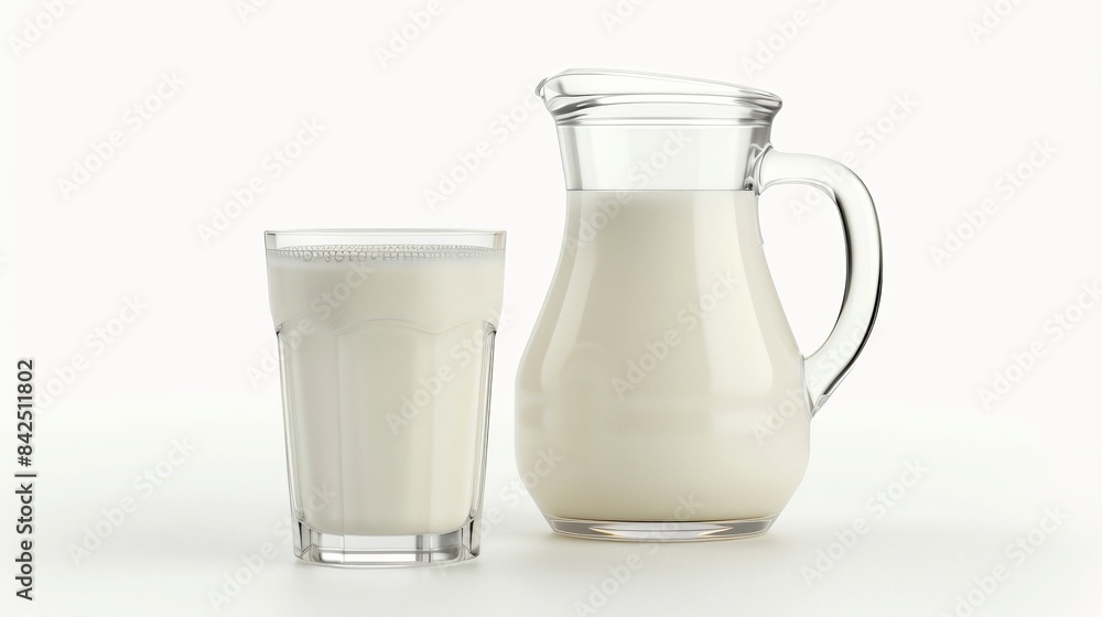 Glass of milk and glass pitcher filled with milk. Simple setting with white background. High-quality image for food and drink blogs or websites. Perfect for health-focused content. AI Glass of milk and glass pitcher filled with milk. Simple setting with white background. High-quality image for food and drink blogs or websites. Perfect for health-focused content. AI