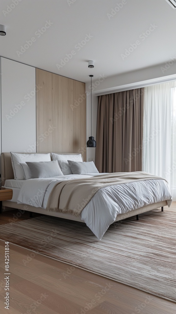 A Vertical Image With A Modern Cozy Bedroom With Aesthetically Pleasing Furnishings. A Vertical Image With A Modern Cozy Bedroom With Aesthetically Pleasing Furnishings.
