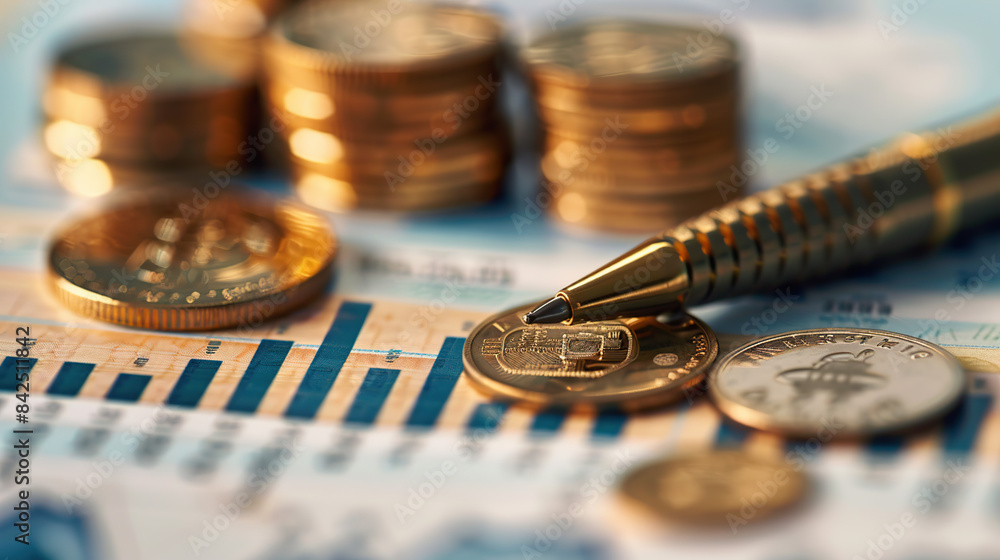 Gold coins and a pen on the chart Gold coins and a pen on the chart