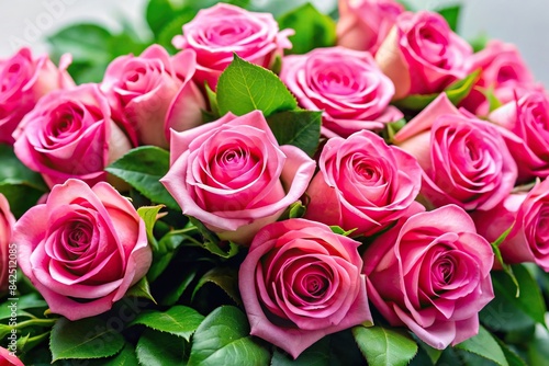 A lush bouquet of pink roses with vibrant green leaves, isolated on a background, pink roses, rose bouquet, floral arrangement, pink flowers, green leaves, background,flower bouquet © tammanoon