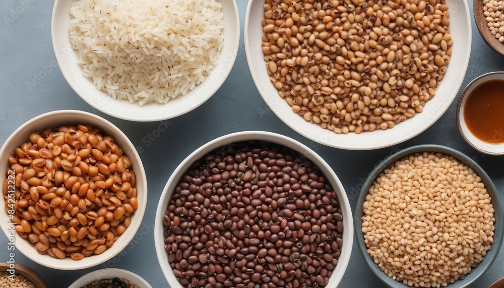a table topped with bowls filled with different types of beans a table topped with bowls filled with different types of beans