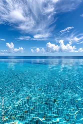 Bright blue infinity pool with a cloud filled sky  perfect for a tranquil retreat