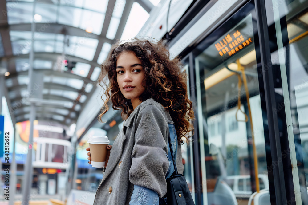 Young woman with curly hair holding a coffee cup, waiting at a modern train station, wearing a brown jacket and looking thoughtful Young woman with curly hair holding a coffee cup, waiting at a modern train station, wearing a brown jacket and looking thoughtful