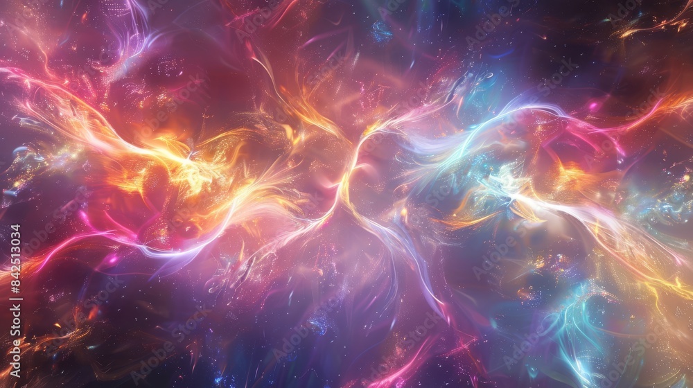 Fototapeta premium Witness a captivating exhibition of lively abstract smoke in vivid orange, purple, and blue hues. Great for creative projects seeking colorful and dynamic designs with a touch of ethereal beauty