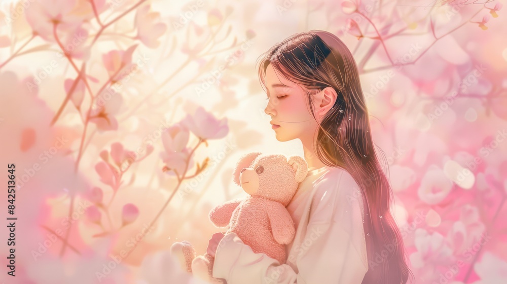 Girl wearing pajamas holding a doll