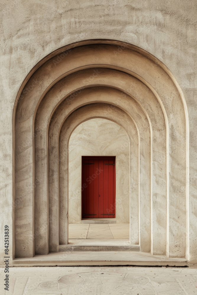 A plain door framed by a series of minimalist arches, each arch slightly larger than the one before, creating a sense of depth and perspective. The background remains solid and neutral A plain door framed by a series of minimalist arches, each arch slightly larger than the one before, creating a sense of depth and perspective. The background remains solid and neutral