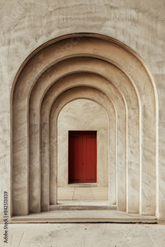 A plain door framed by a series of minimalist arches, each arch slightly larger than the one before, creating a sense of depth and perspective. The background remains solid and neutral