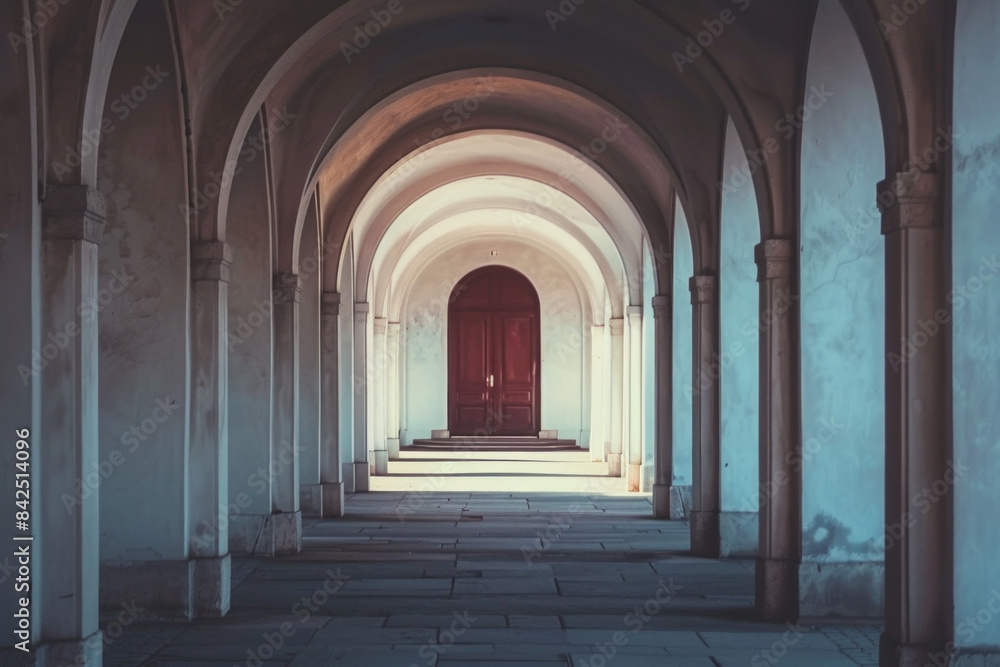 A plain door framed by a series of minimalist arches, each arch slightly larger than the one before, creating a sense of depth and perspective. The background remains solid and neutral A plain door framed by a series of minimalist arches, each arch slightly larger than the one before, creating a sense of depth and perspective. The background remains solid and neutral