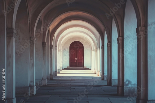 A plain door framed by a series of minimalist arches  each arch slightly larger than the one before  creating a sense of depth and perspective. The background remains solid and neutral