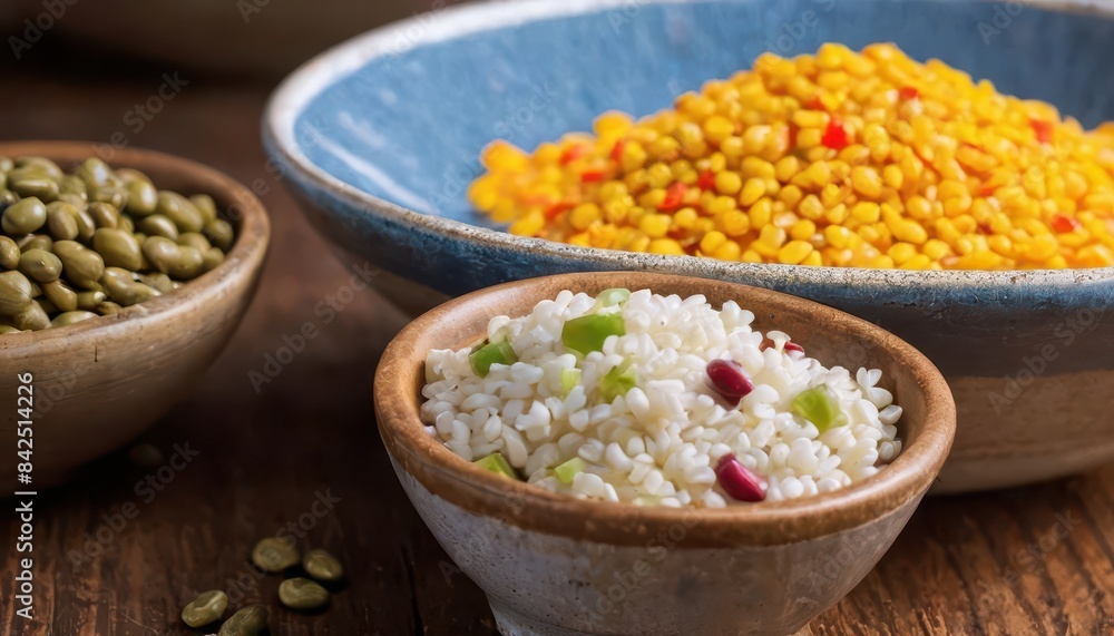 two bowls of rice, peas and peas on a table two bowls of rice, peas and peas on a table