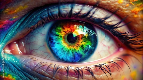 A vibrant, close-up shot of an eye with swirling colors that form a miniature world within its iris, colorful eye, world, generative ai, abstract art, eye close up, iris