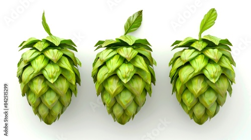 Wallpaper Mural Three green hop cones isolated on white background. Perfect for brewing, beer production, or herbal remedies. Realistic and detailed illustration. Vibrant colors and natural appearance. Torontodigital.ca