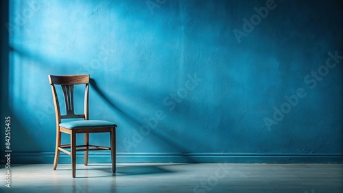 A solitary blue chair, its worn fabric a shade darker than the wall behind it, sits starkly against a smooth, pale blue wall, casting a subtle shadow on the floor, blue chair, blue wall photo
