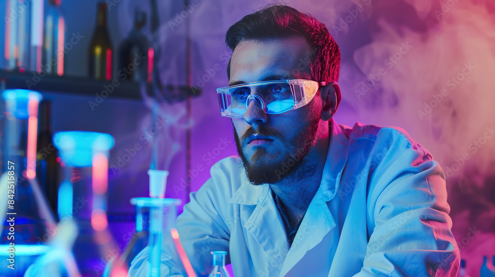 A person wearing a mask, holding a cigarette, surrounded by a scientific laboratory setting The person is immersed in research and technology A person wearing a mask, holding a cigarette, surrounded by a scientific laboratory setting The person is immersed in research and technology