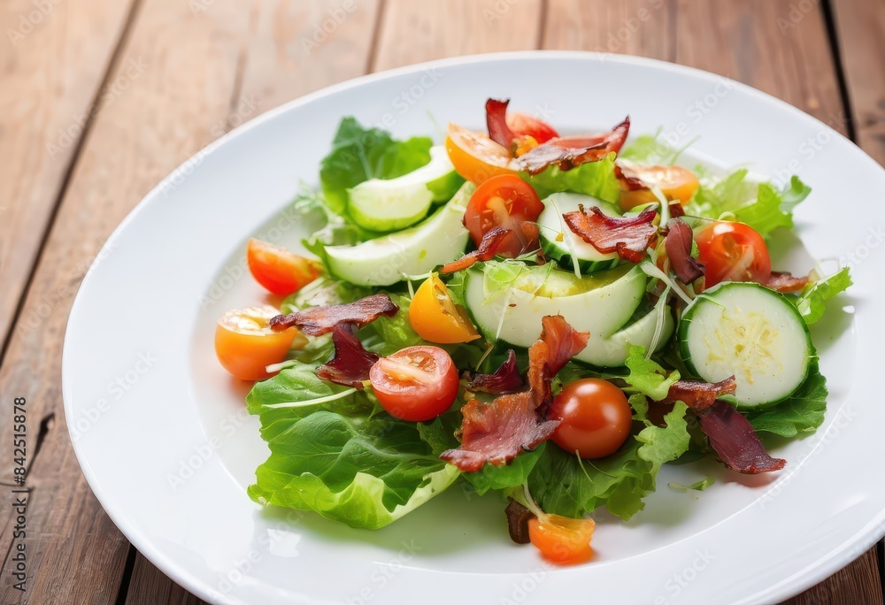 a white plate topped with a salad on top of a wooden table a white plate topped with a salad on top of a wooden table