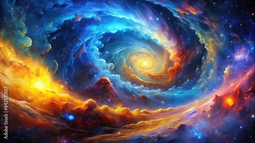 A swirling, celestial canvas of vibrant blue, yellow, purple, and red nebulae, creating a dynamic and ethereal landscape across the infinite expanse of space, abstract, nebula, cosmic, wave © artsakon