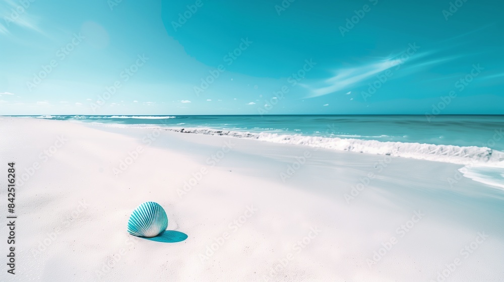 Minimalist white sand beach with a single blue seashell, calm ocean waves, clear blue sky, and serene summer vibe Minimalist white sand beach with a single blue seashell, calm ocean waves, clear blue sky, and serene summer vibe