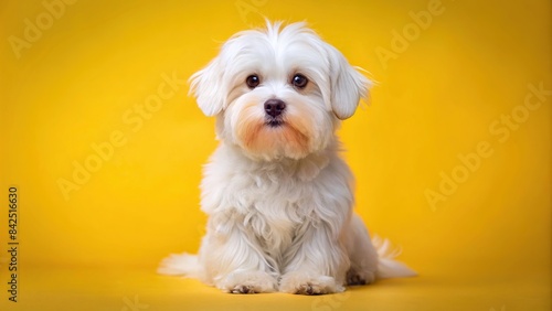 A fluffy white Maltese dog with big, dark eyes sits on a vibrant yellow background, its tail curled playfully, Maltese, dog, puppy, white, fluffy, yellow, background, pet, cute, adorable