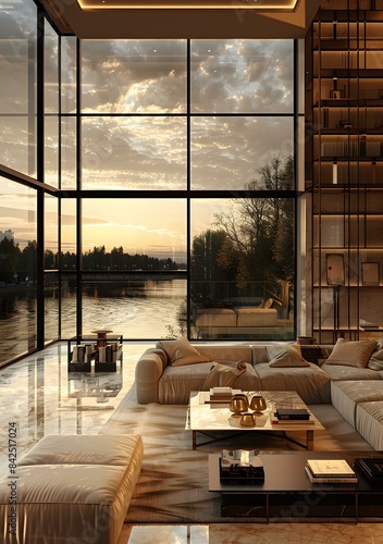 Modern living room interior with large windows overlooking river at sunset © Adobe Contributor