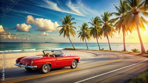 A classic red convertible, top down, cruises along a sun-drenched coastal road. Palm trees sway gently in the breeze, while the azure ocean stretches out beyond the golden sand beach © Sompong