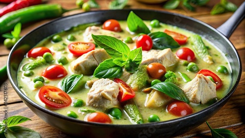 A close-up of vibrant green Thai green curry, showcasing chunks of tender chicken, fresh green vegetables, and plump cherry tomatoes