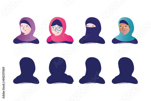 Set of arabian woman wear hijab in trendy style. Various arabic woman character avatar. Asian and middle east muslim traditional hijab collection. Black silhouettes.
