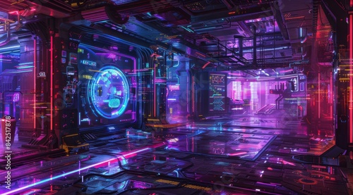 A futuristic digital space with holographic displays and neon lights, showcasing advanced technology in an abstract environment.