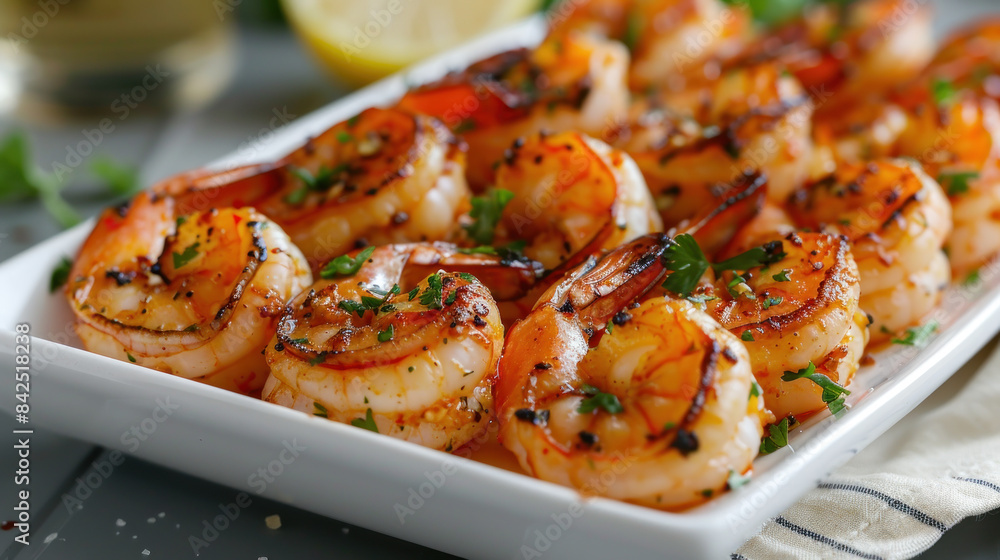 Grilled shrimp, beautifully plated on a clean white dish Grilled shrimp, beautifully plated on a clean white dish