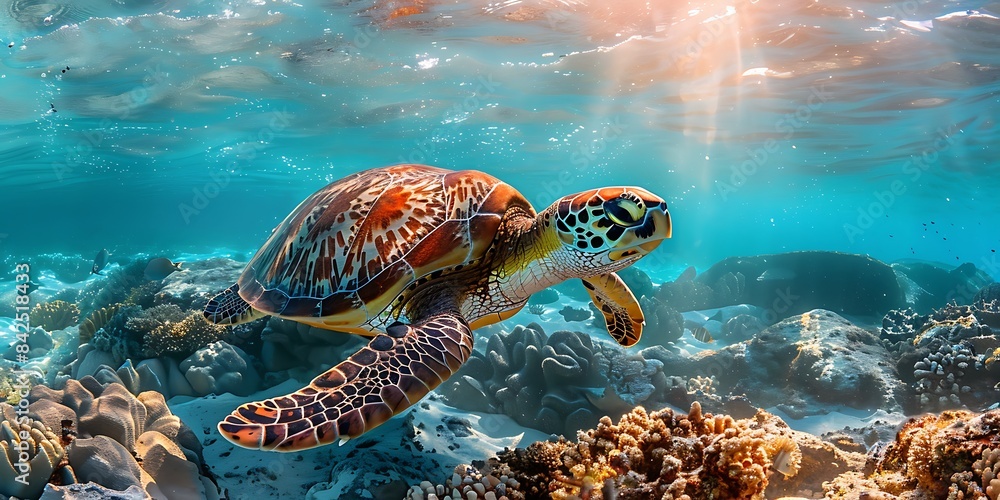 Fototapeta premium Turtle swimming in the sea. 3d illustration. Underwater world.