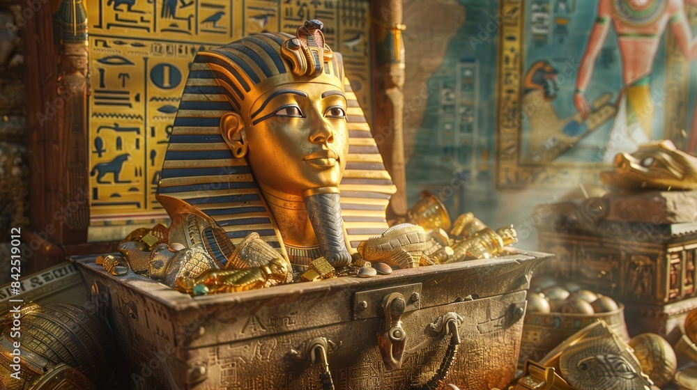 Ancient Egyptian Pharaoh Mask In Treasure Filled Tomb With ancient-egyptian-pharaoh-mask-in-treasure-filled-tomb-with