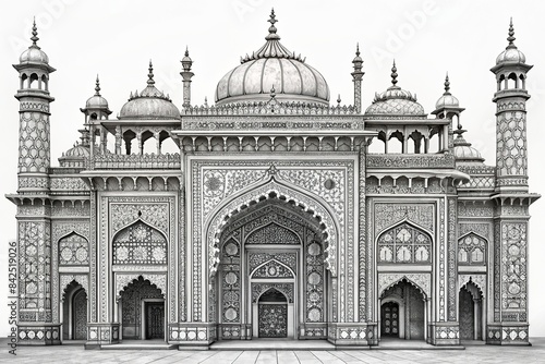 Intricate black and white line art depicting a traditional Indian palace with detailed ornamentation, arches, domes, and a grand entranceway, indian palace, line art