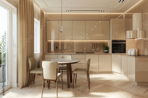 High-resolution 4K image of a sharp-focus beige kitchen interior.