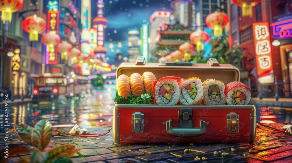 Sushi Rolls in a Suitcase on a Rainy Street in an Animated City Sushi Rolls in a Suitcase on a Rainy Street in an Animated City