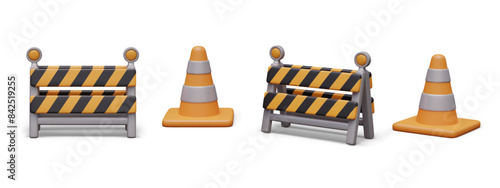 Set of elements for temporary fence. Movable barriers for road, repair, emergency works