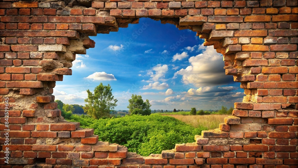 A crumbling brick wall with a gaping hole revealing a bright, unseen