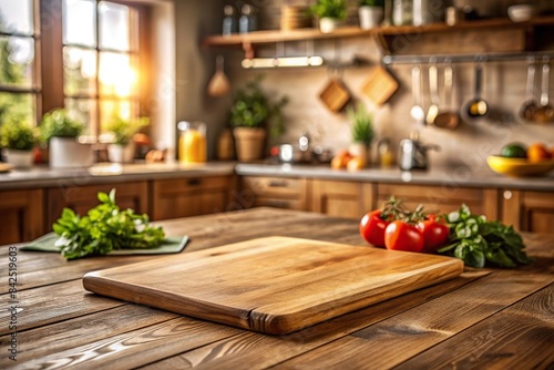 A rustic wooden cutting board sits on a kitchen table, showcasing a product with a shallow depth of field, highlighting the product and creating a warm and inviting atmosphere, kitchen, table